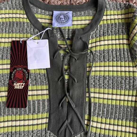 Happy Sheep Anthropologie green striped cotton midi dress boho size M NWT - Picture 4 of 6